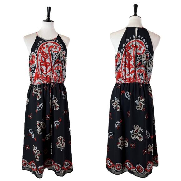 LOFT Midi Dress Halter Neck Blouson Tie Waist Chiffon Black Red Women’s Large - Picture 10 of 10